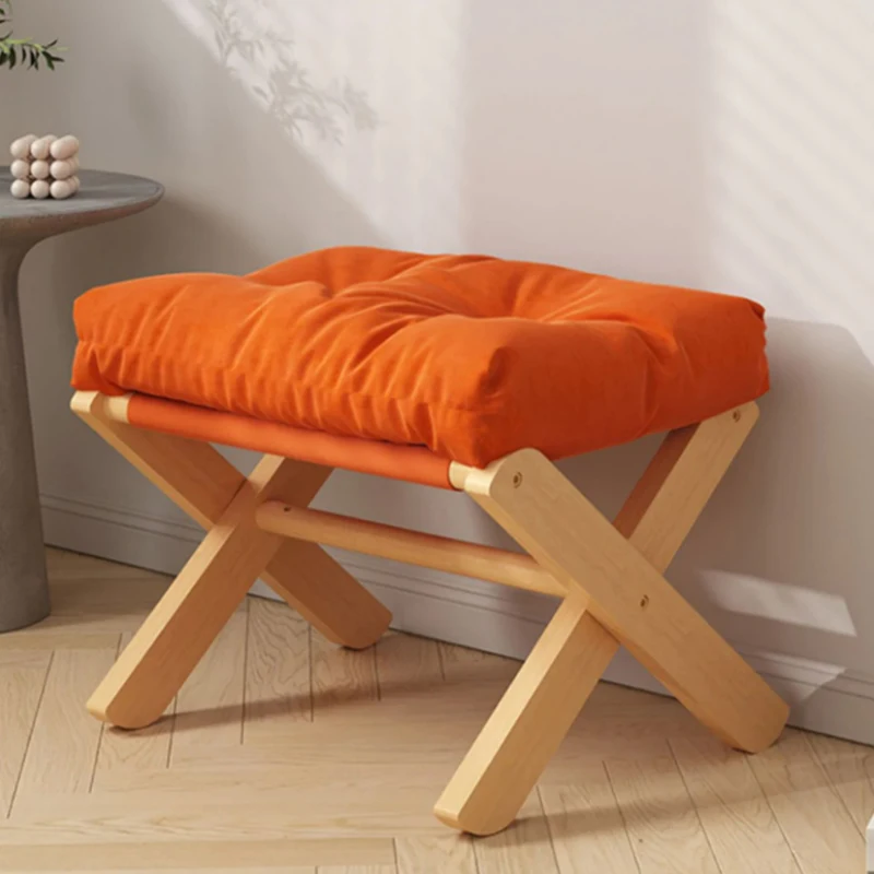 Small Footstool Foldable Stools Chair Living Room Wooden Low Stool with Soft Breathable Cushion Portable Folding Dresser Chair