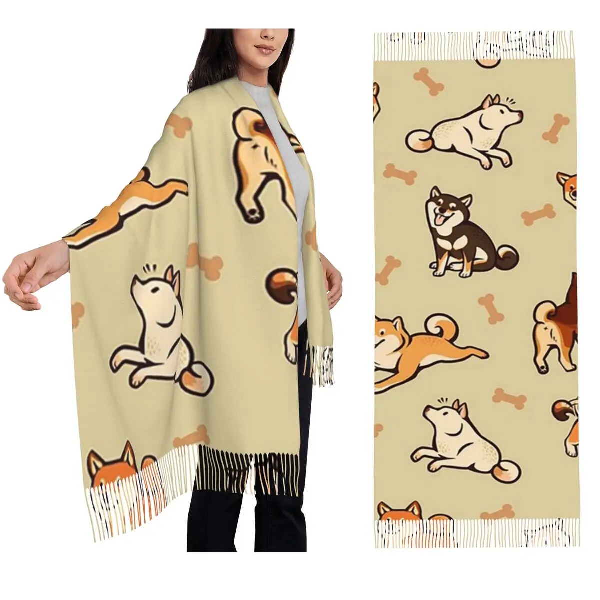 Shiba Inu Lovely Cute Dogs In Cream Scarf Tassel Scarves Women Soft Warm Shawls and Wraps Large Fall Winter Shawl Wrap
