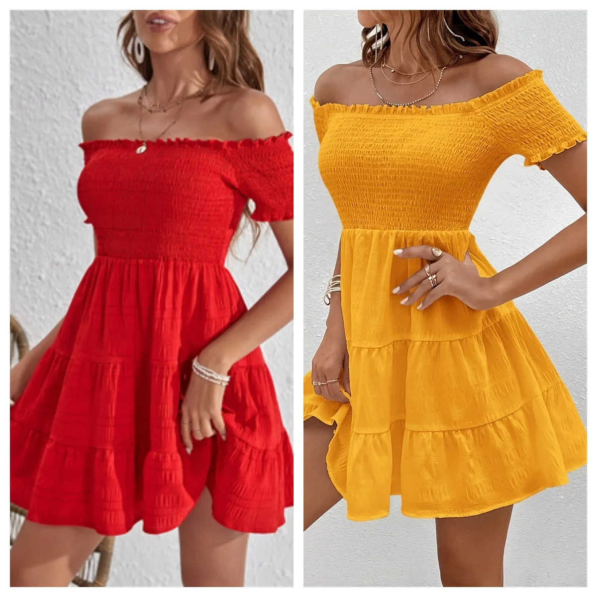 Nuovi arrivi Abbigliamento donna Abiti estivi Nuovo smocking manica corta tinta unita cuciture abito con scollo profondo