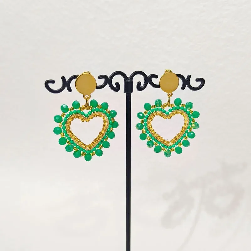 Rice bead earrings Crystal Heart-shaped Fashion Bohemia Hand knitting Alloy Simple Hollow out Geometry Beaded earrings