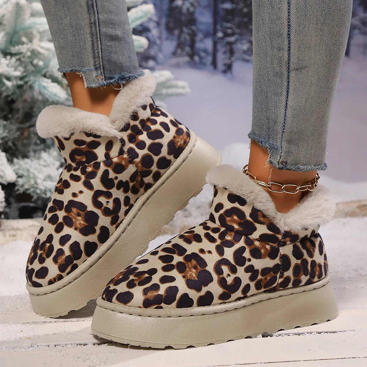 Flat Heeled Women\'s Midsole Boots Winter New Lightweight Round Toe Boots Women\'s Rubber Wedge Snow Boots Leopard Print  608