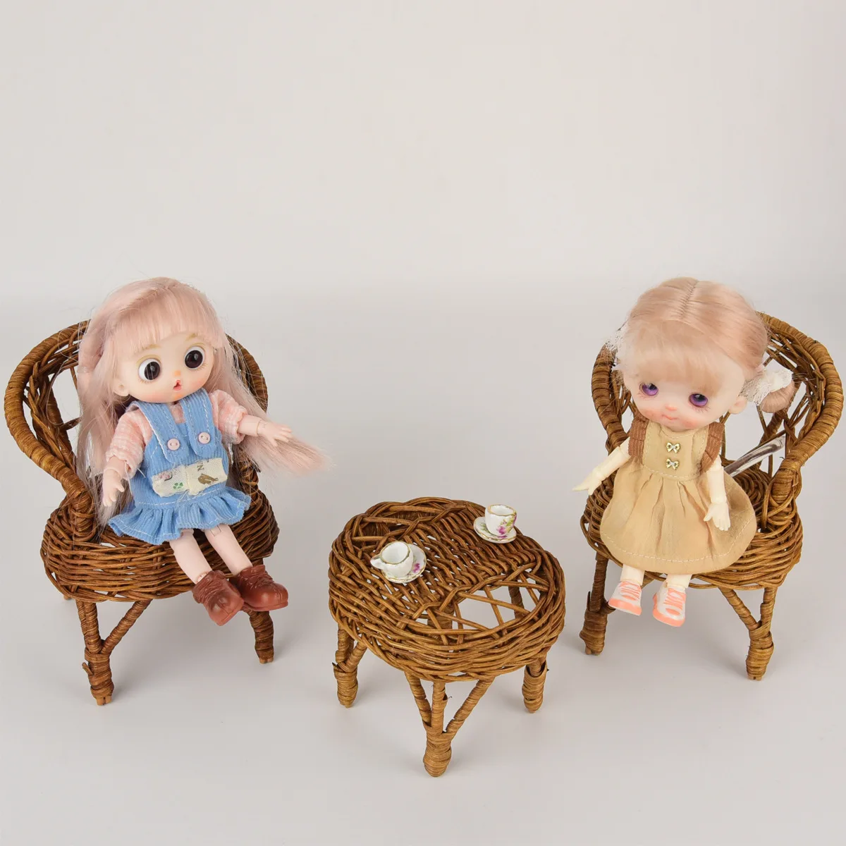 Set di sedie in rattan in miniatura in scala 1/12 Doppio divano singolo in rattan Mobili per casa delle bambole BJD/OB11 Accessori per scene di gioco per casa delle bambole