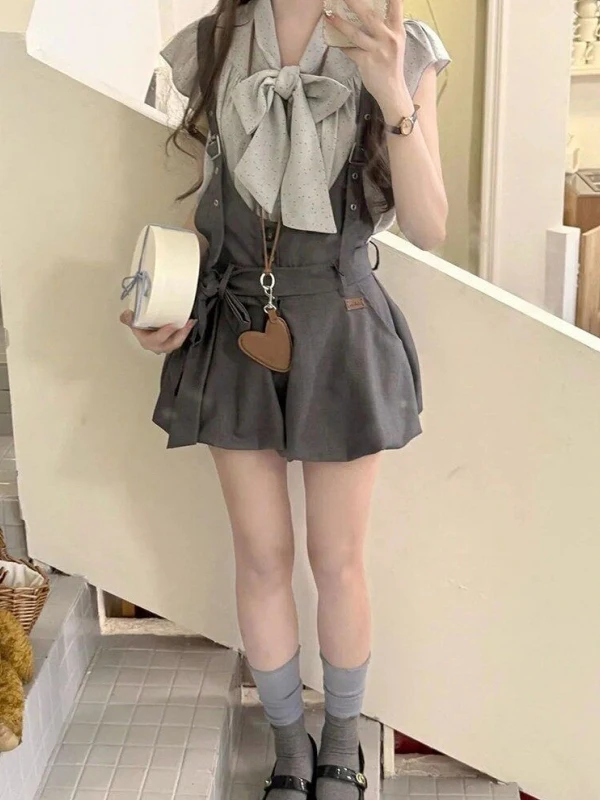 Summer  Knot Shirt And Short Pants Set Sweet Innocent First Love School Uniform Style Women's Fashion Ensemble