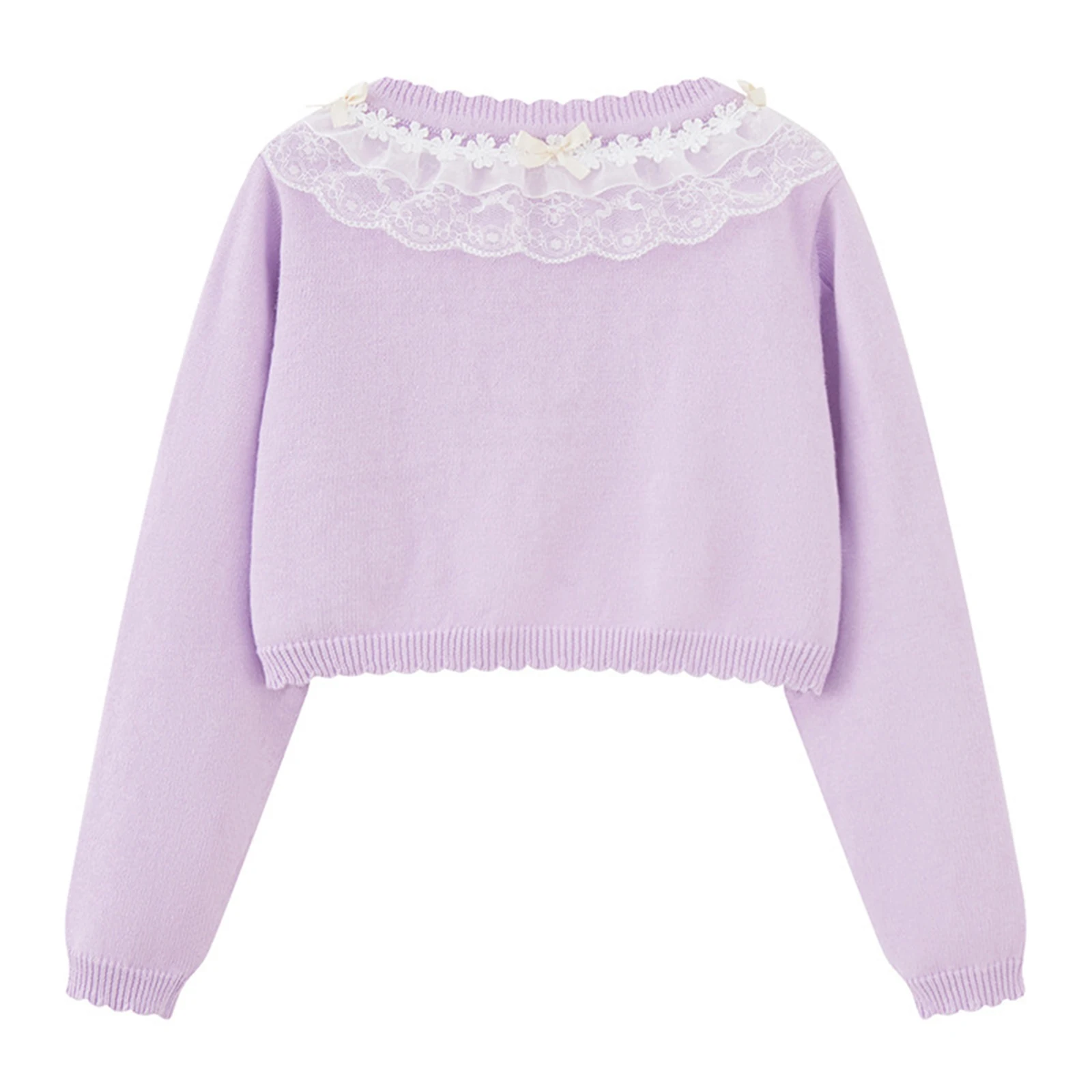 Kids Girls Knitted Sweater Long Sleeve Button Closure Tiered Floral Lace Bowknots Bolero Cardigan Shrug Cropped Sweaters Tops