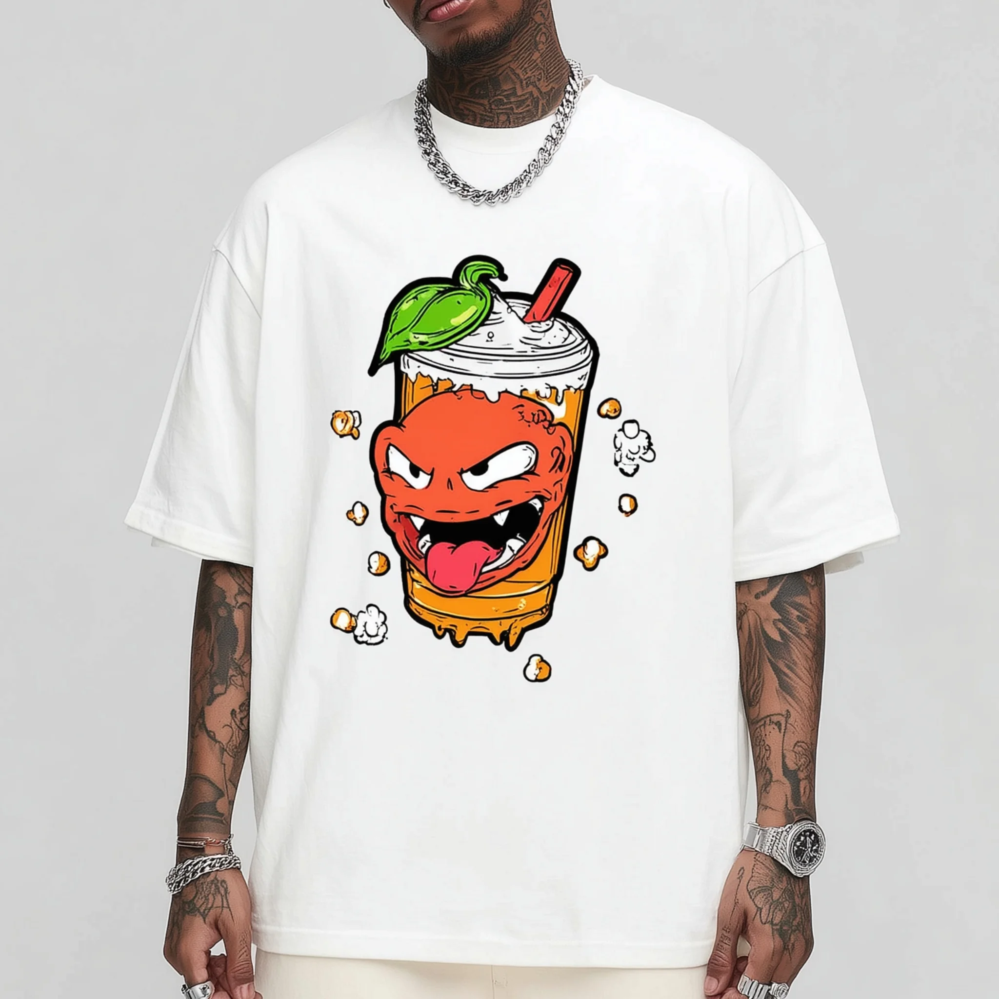 

Teevo Oversized T-Shirt Cartoon Monster Drink Print Casual Daily Wear