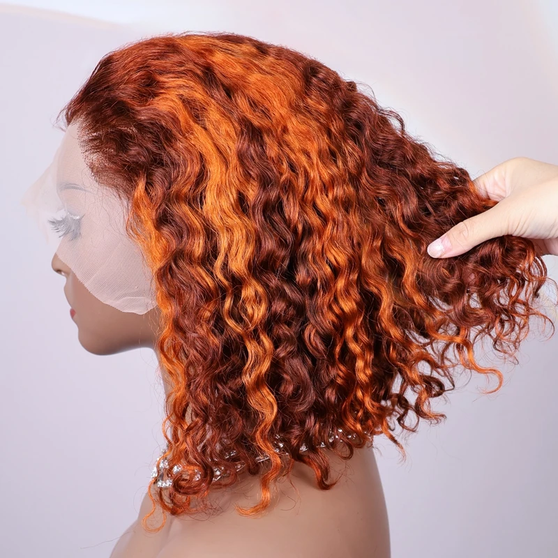 

Highlight Ombre Ginger Deep Wave 13x4 Transparent Lace Frontal Bob Human Hair Wig 200% Density Water Wave Curly Wigs 16in #4/350
