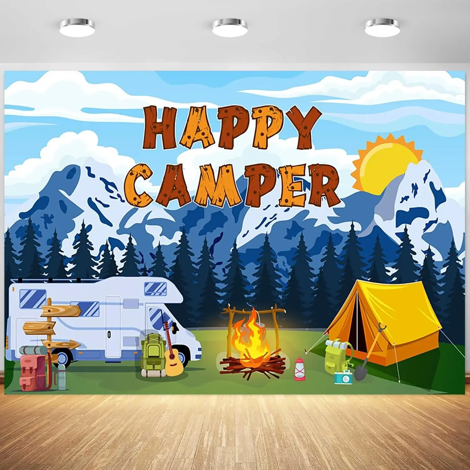 Happy Camper Camping Themed Outdoor Forest Campfire Scene birthday Party Banner photo background photography backdrop