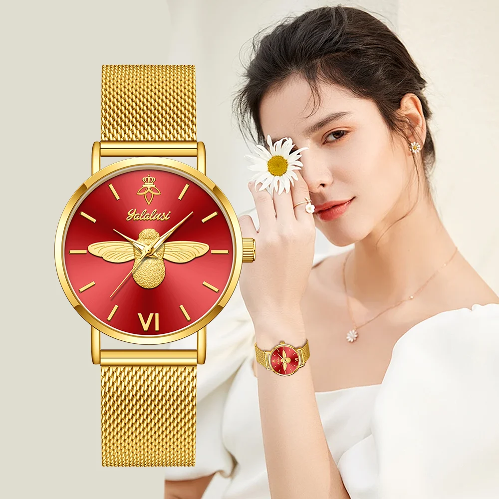 YaLaLuSi Personalized Fashion Women's Quartz Watch Gold Minimalist Ultra Thin Wristband Unique Face Temperament Gift Set