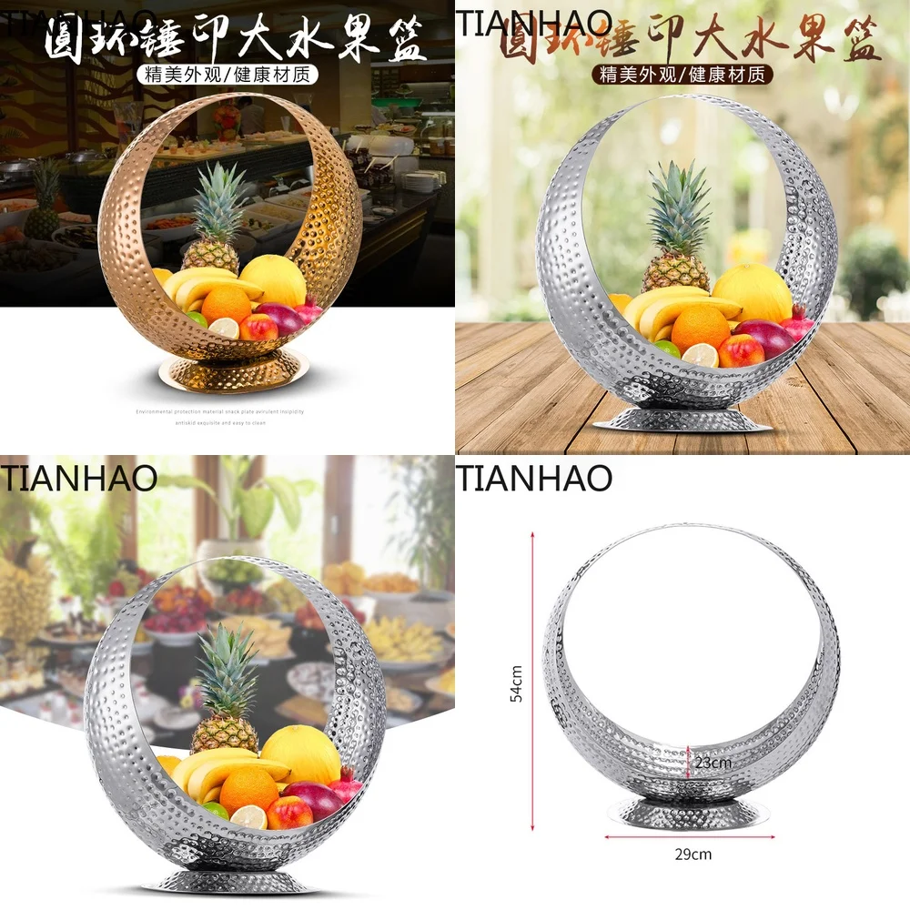Creative Stainless Steel Hammered Round Fruit Bowl with Handle for Hotels Restaurants Banquets and KTV Large 304 Fruit Tray