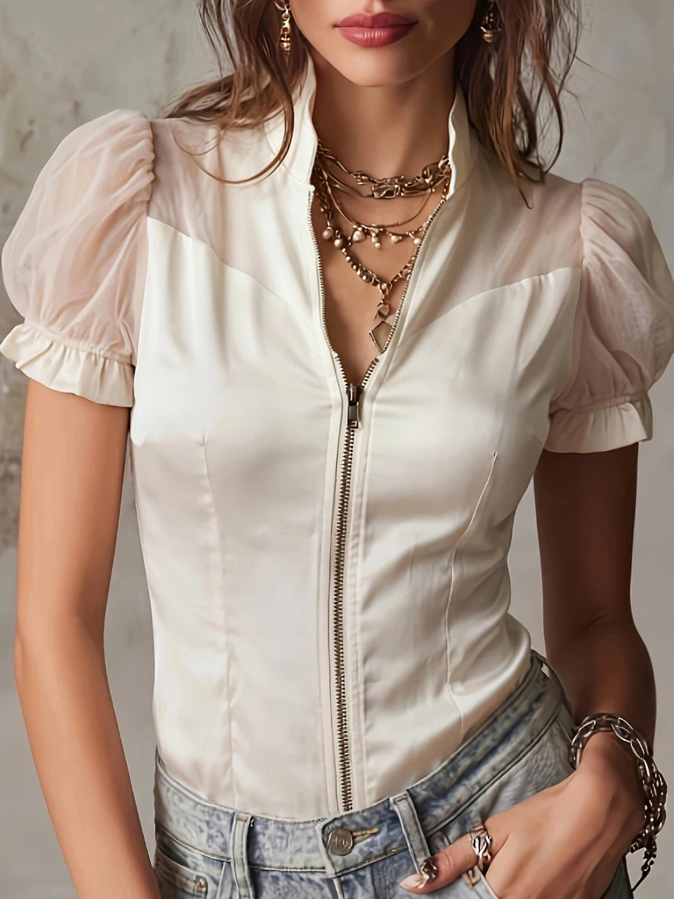 Vintage Solid Zip-up Sheer Slim Fit Blouse Top for Women Lapel Collar Short Sleeve Top Summer Elegant Boho Shirt Blouse
