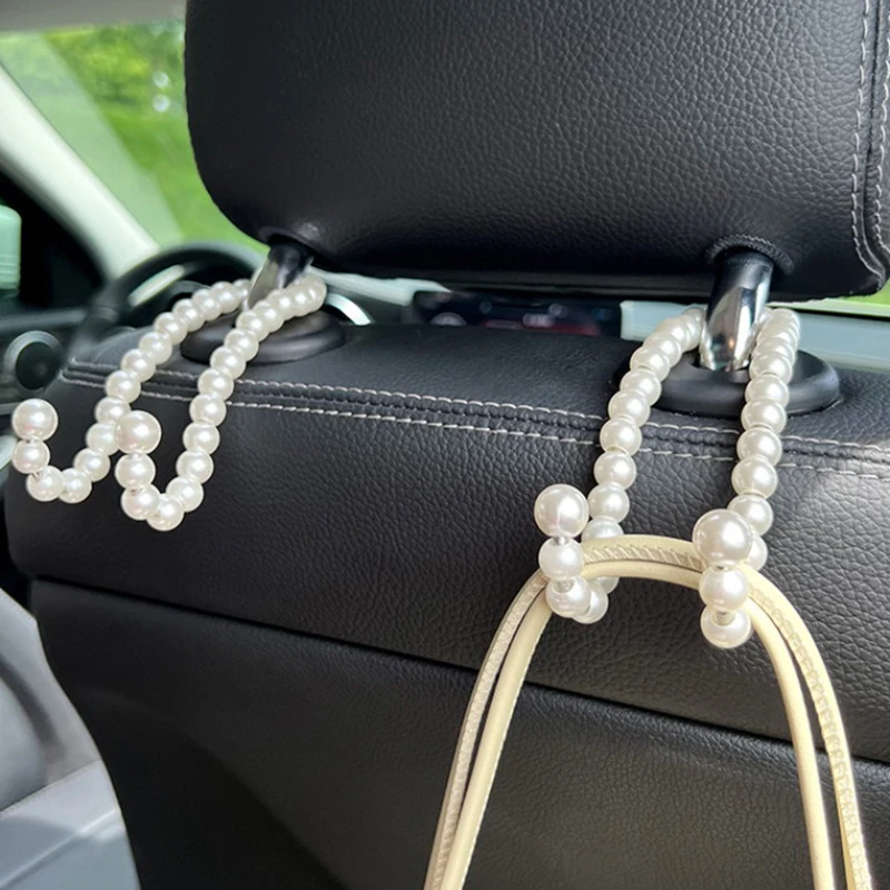 Car Rear Seat Hook White Pearl Hanger Car Hook Half Open Design Auto Hook Stainless Steel Car Seat Headrest Hook Car Accessories