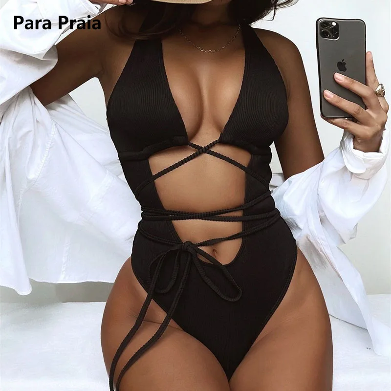 

Para Praia 2024 One Piece Swimsuit Bandage Swimwear for Women Sexy V Neck Bathing Suit High Waist Swimwear Hollow Out Bodysuit