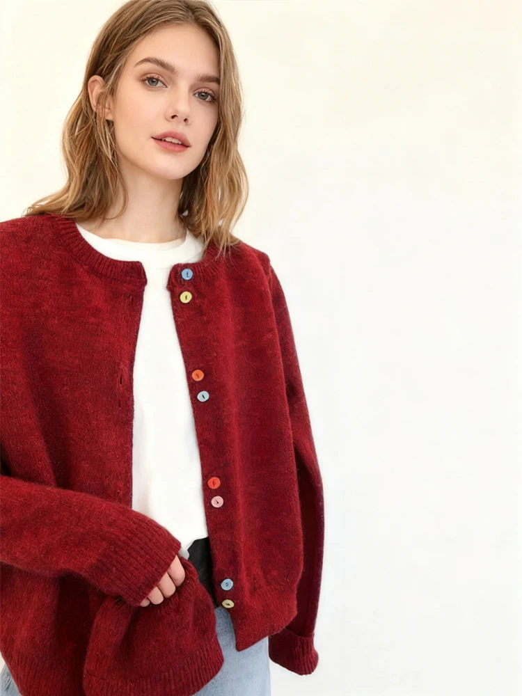 جديد أنيق متعدد الألوان زر الصوف الناعم سترة رمادي طاقم الرقبة المرأة سترة أعلى الخريف الشتاء الكورية مراجعات العديد من ملابس الفتيات