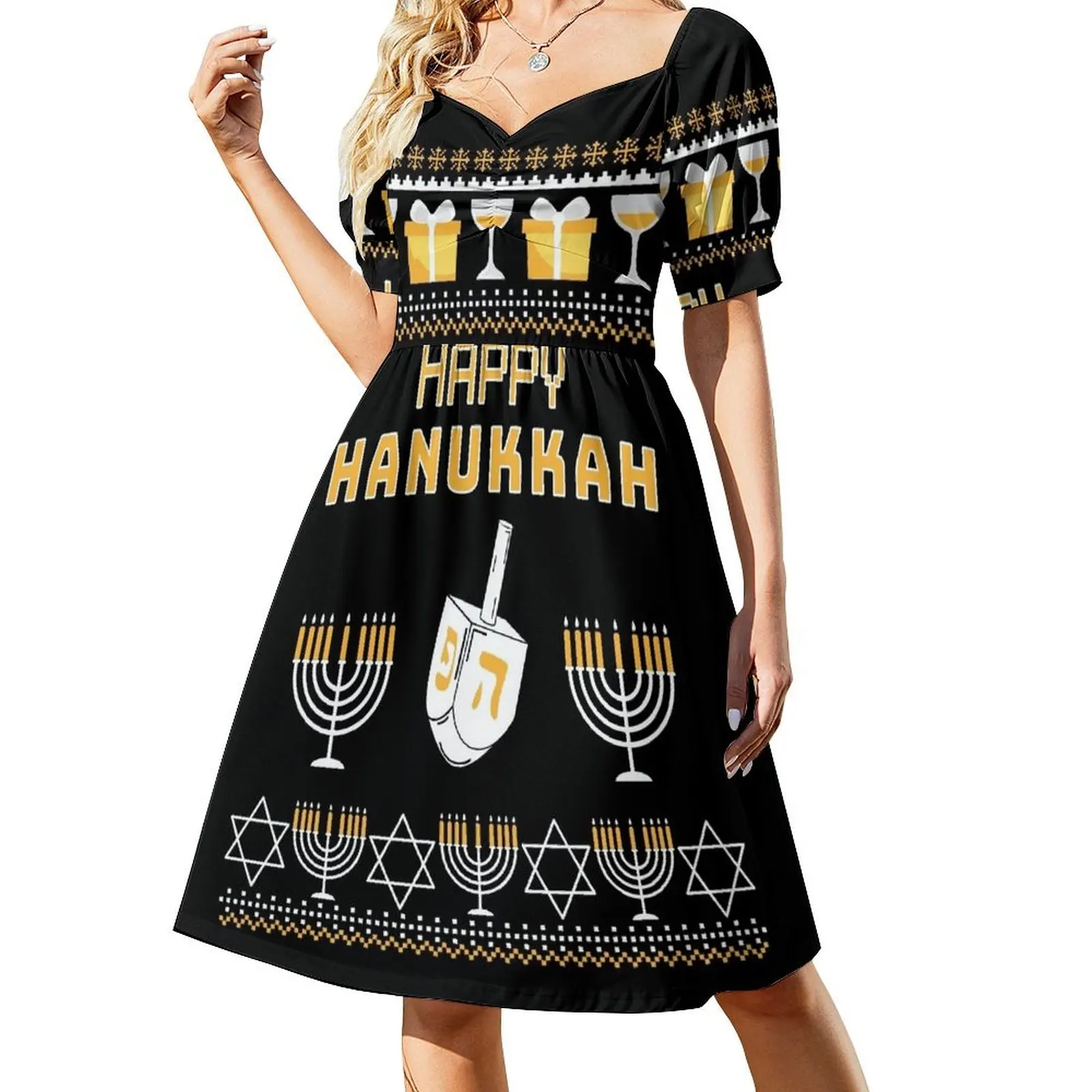 Happy Hanukkah Short Sleeved Dress festival outfit women Long dress Dress