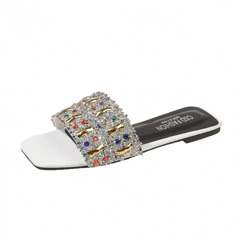 New Style Fashion Women's Slippers Retro Luxury Colored Diamond Flat Bottom Slippers Women's Shoes Popular Sandals Zapatos Mujer