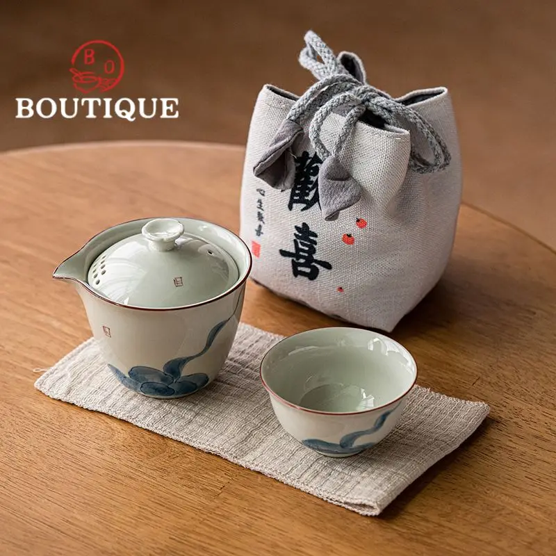 Hand Painted Auspicious Cloud Tea Set Kit Aesthetic Plant Ash 1 Pot 1 Cup Tea Maker Outdoor Camping Handbag Supplies Decoration