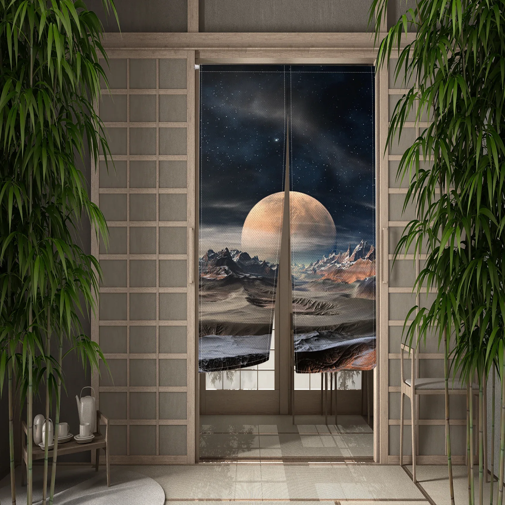 Moon Night Astronaut Door Curtain Japanese Noren Doorway Curtains Kitchen Izakaya Entrance Hanging Half-Curtain Room Decorations