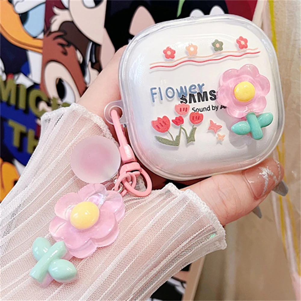 Cute 3D Flower Cheese Clear Headphones Soft Case For Samsung Galaxy Buds Live With Beads Pendant Cover For Samsung Buds 2 Pro