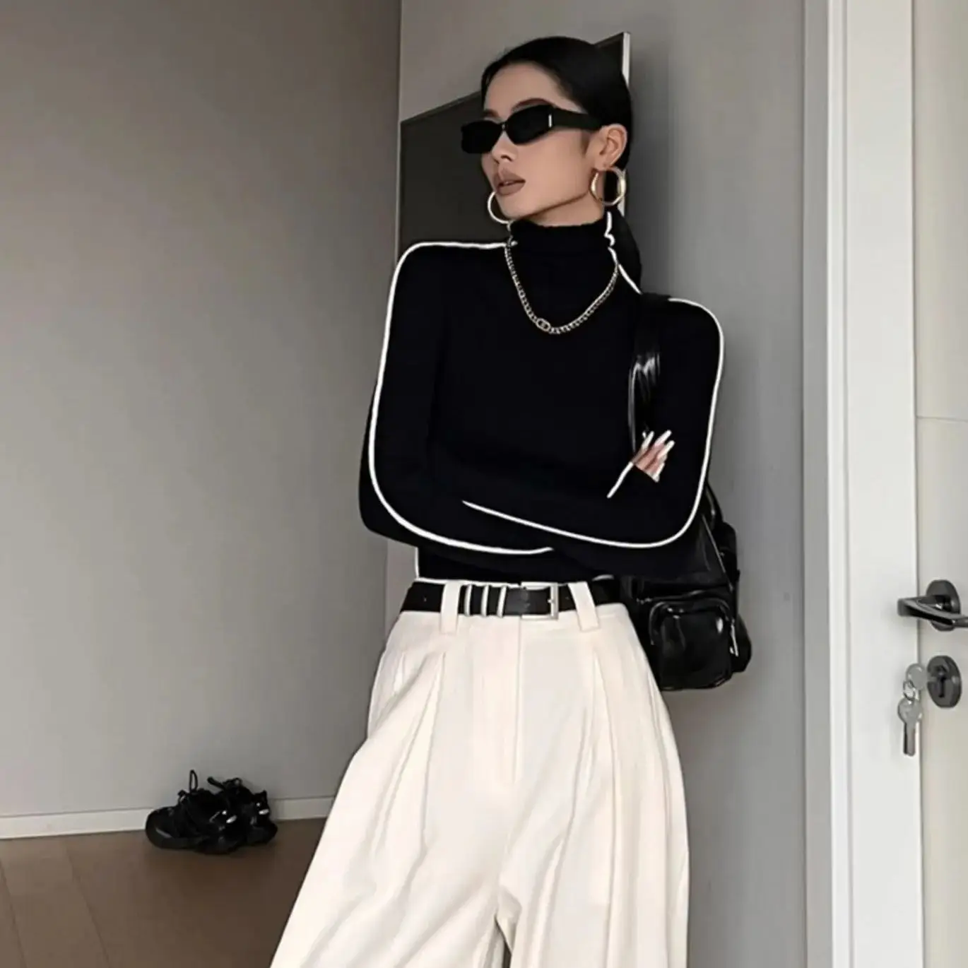 WL 2026 Fashion High Neck T-shirt Women Autumn Winter Trendy Color Blocking Slim Fit Tops Female Base Simplicity Long Sleeved