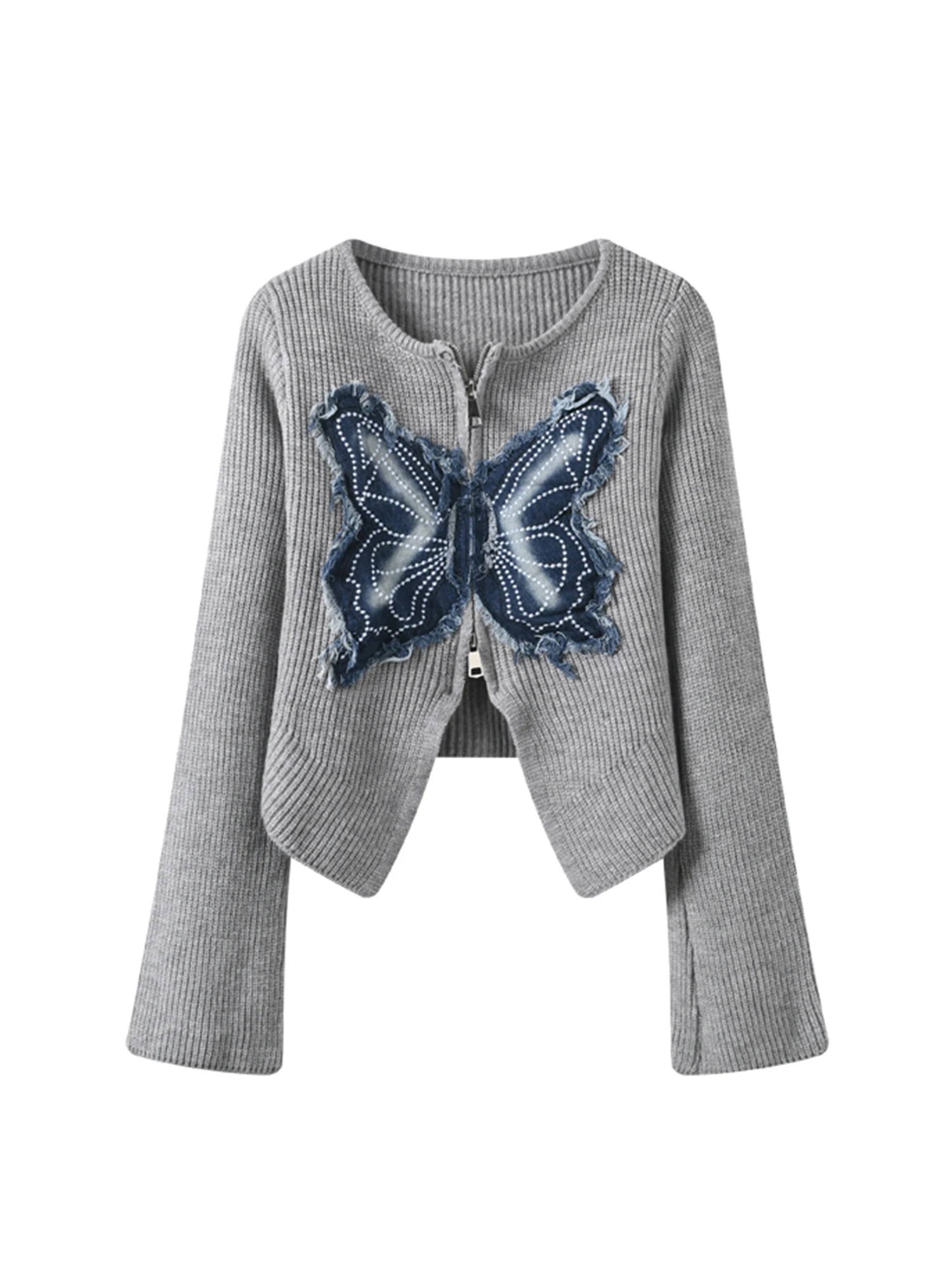 

Women's Grey O-Neck Cardigan Butterfly Sweater Korean Style 2000s Vintage Long Sleeves Cozy Cashmere Sweater For Women Clothes