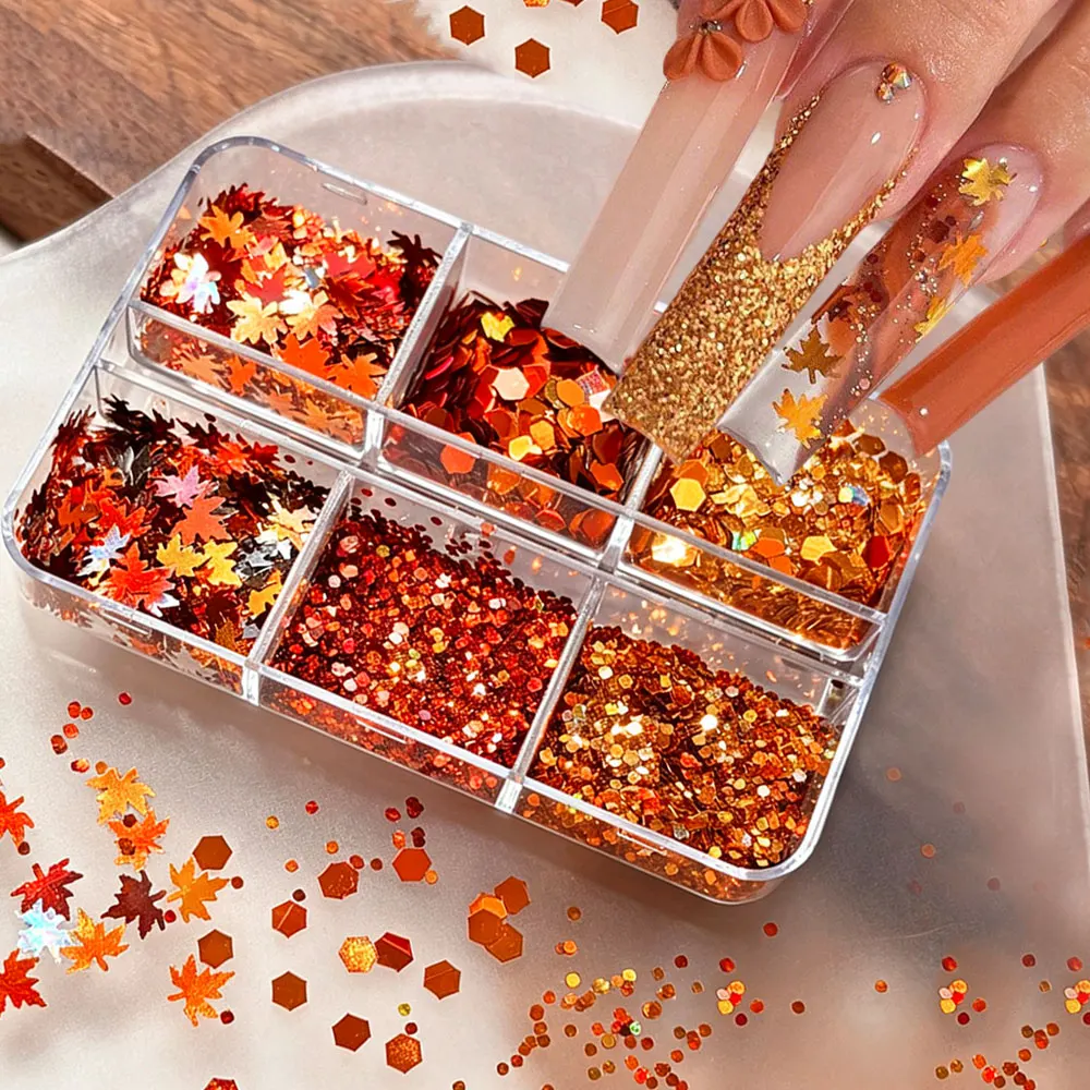 6er-Set Holografische Rote Ahornblätter Nagelglitzer Pailletten Glänzende Mischung Laser Gold Sechseckige Nagelflocken 3D Ahornblatt Nageldekorationen