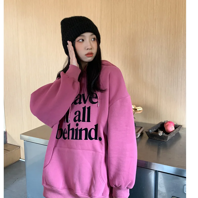 

Autumn Women' Clothing Korean Fashion Baggy Solid Light Gray Pullover Sweatshirt Letter Print Raglan Sleeves Long Sleeves Hoodie