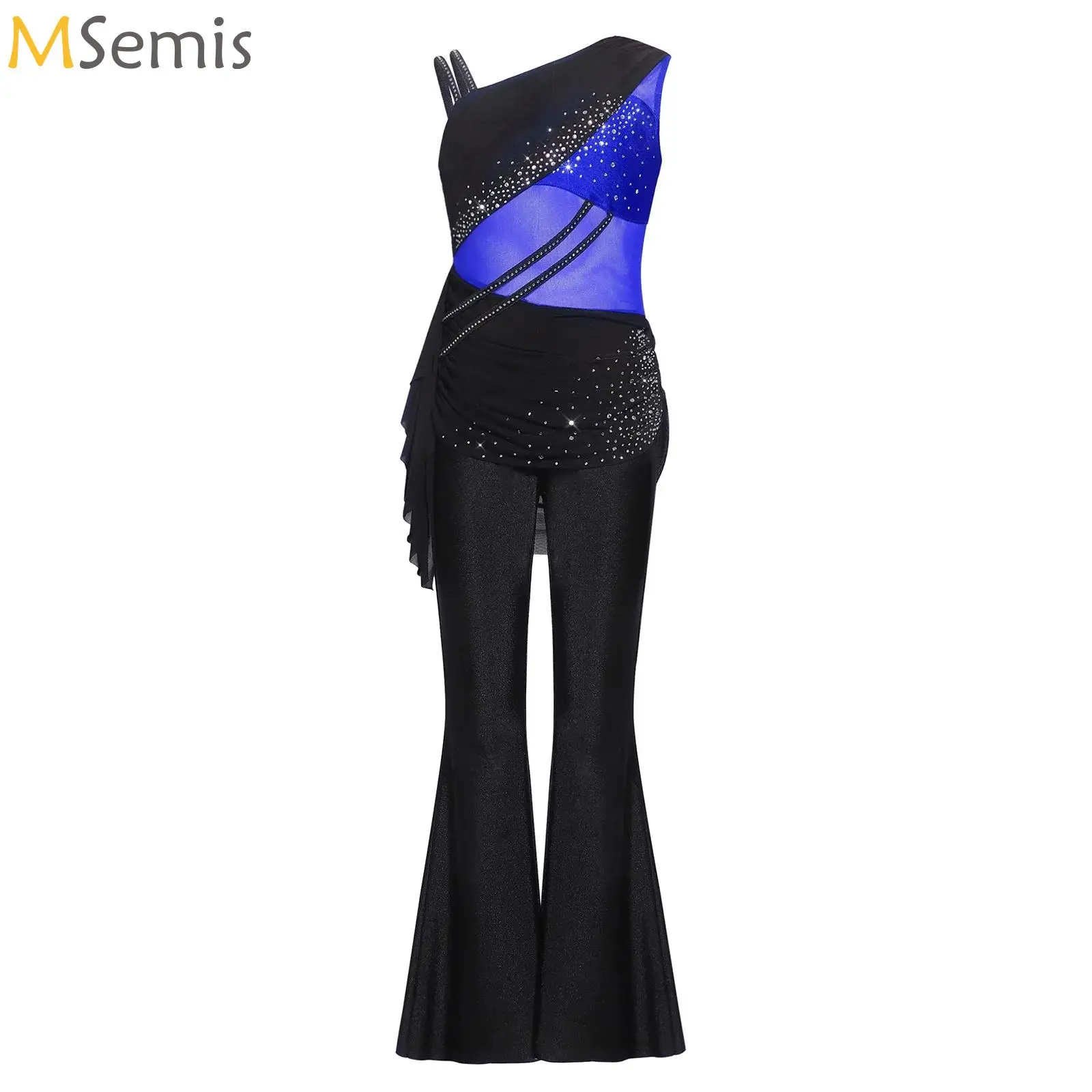 

Kids Lyrical Jazz Dancewear Girls Ballet Dance Overlay Asymmetrical Bell-Bottom Bodysuit Unitard Rhinestone Flare Leg Jumpsuits