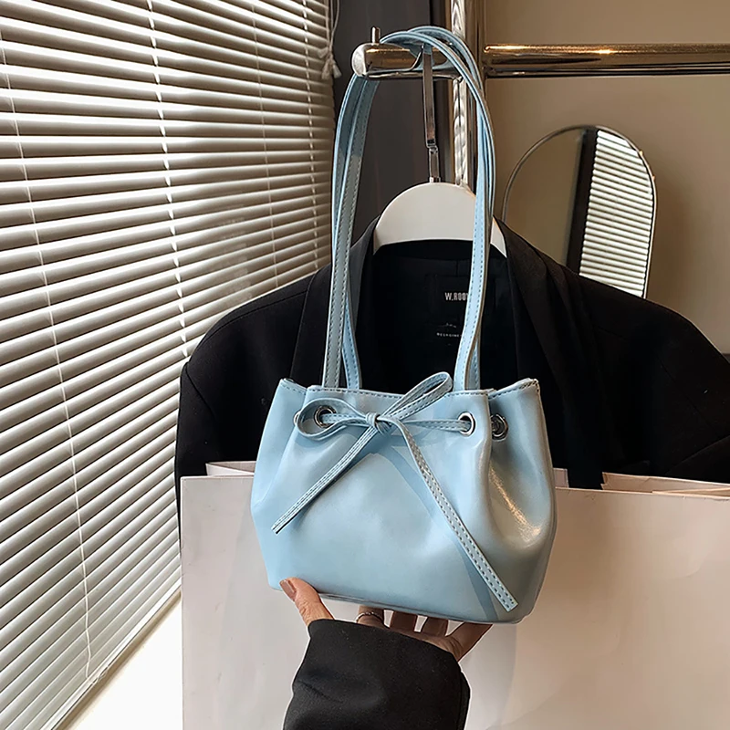 

Bow Lace-up Shoulder Bag Simple Oil Wax Leather Korean Women's New Summer Designer Style Handbag Portable Commute Underarm Bag