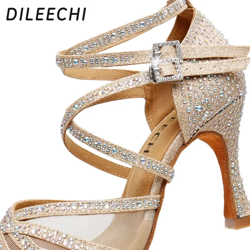 DILEECHI Latin Dance Shoes Women Gold Glitter Rhinestone With Net Salsa Party Wedding Cuba Heel 9cm Flash Ballroom Dancing Shoes
