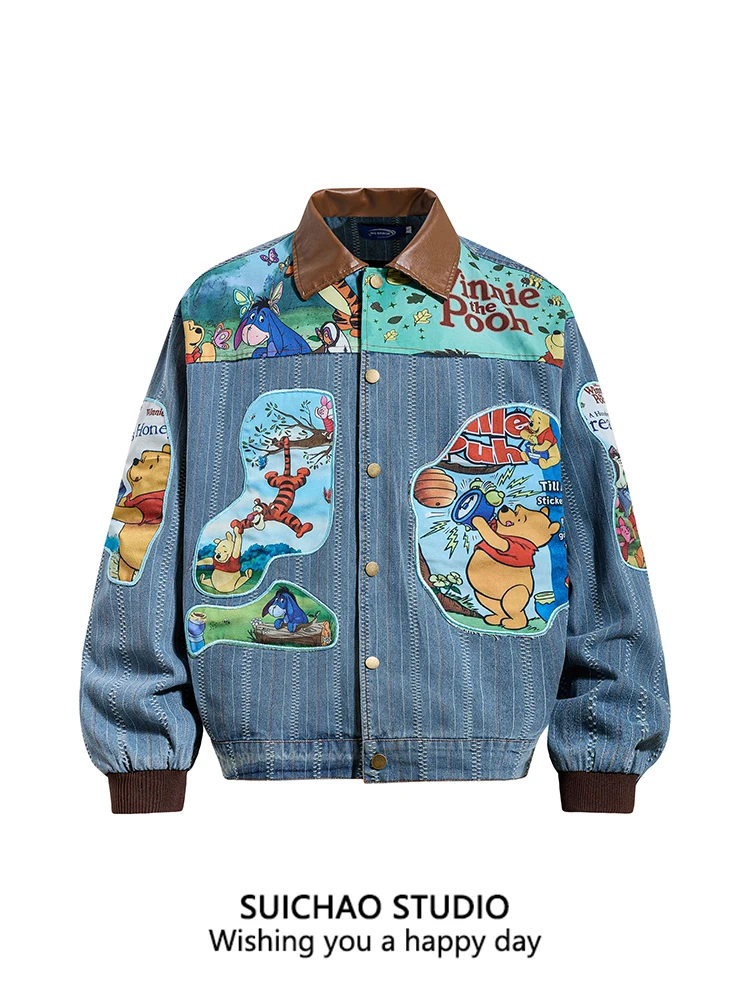 

Suichao American Retro Sle Winnie the Pooh Patchwork Embroidered Leather Collar Denim Jaet Waed Vintage Coat ex