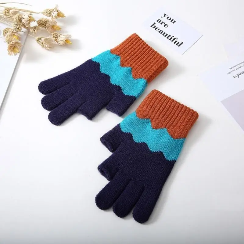 652F Color Matching Printed Pattern Gloves Winter Warm Half Finger Touchscreen Gloves