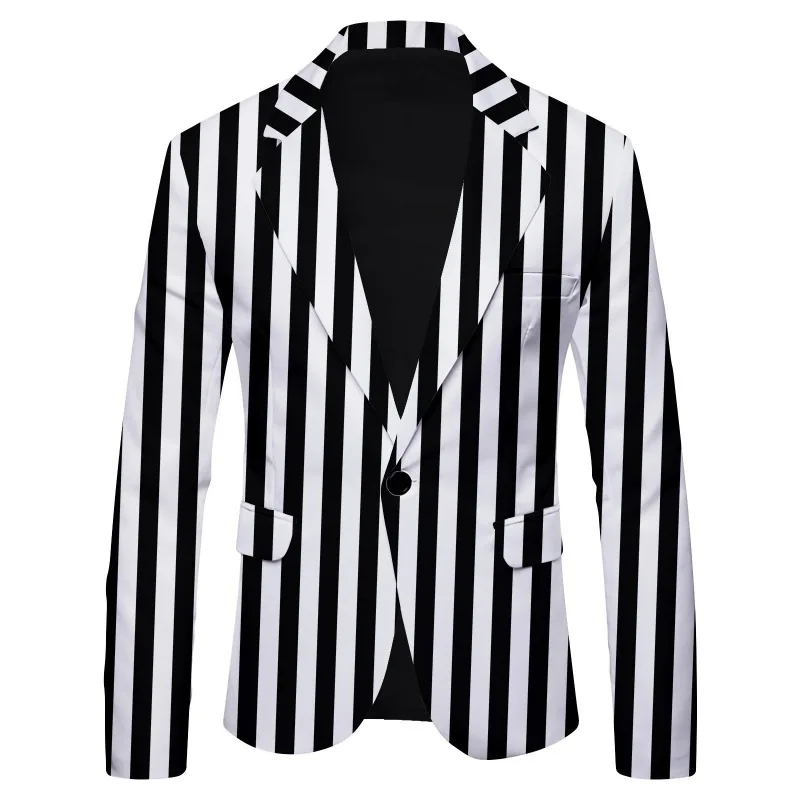 Men's Black & White Vertical Striped Blazer Slim Fit One Button Business Casual Suit Jacket