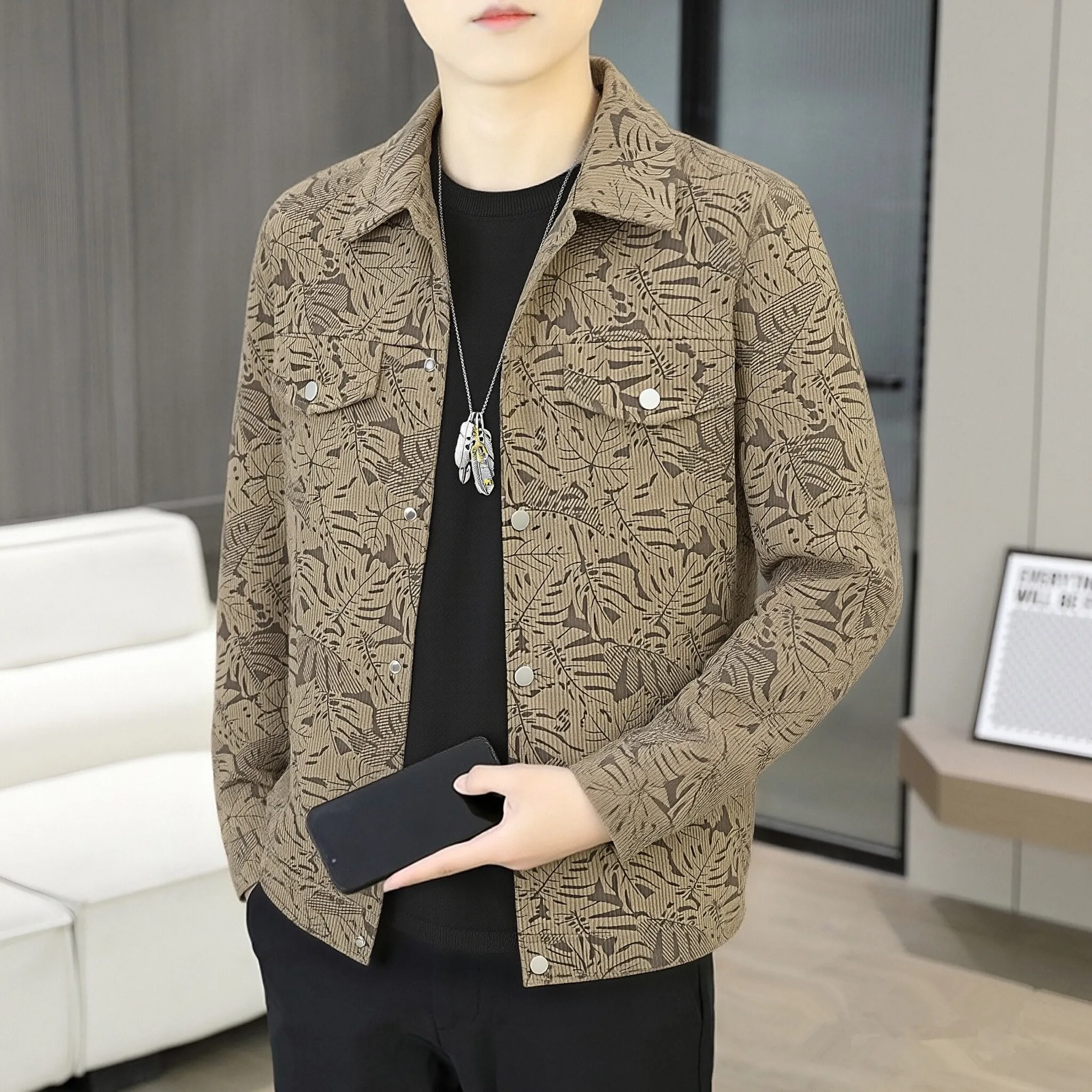 2026 new men's collar printed jacket men slim fit trendy casual versatile top male workwear style lapel jackets