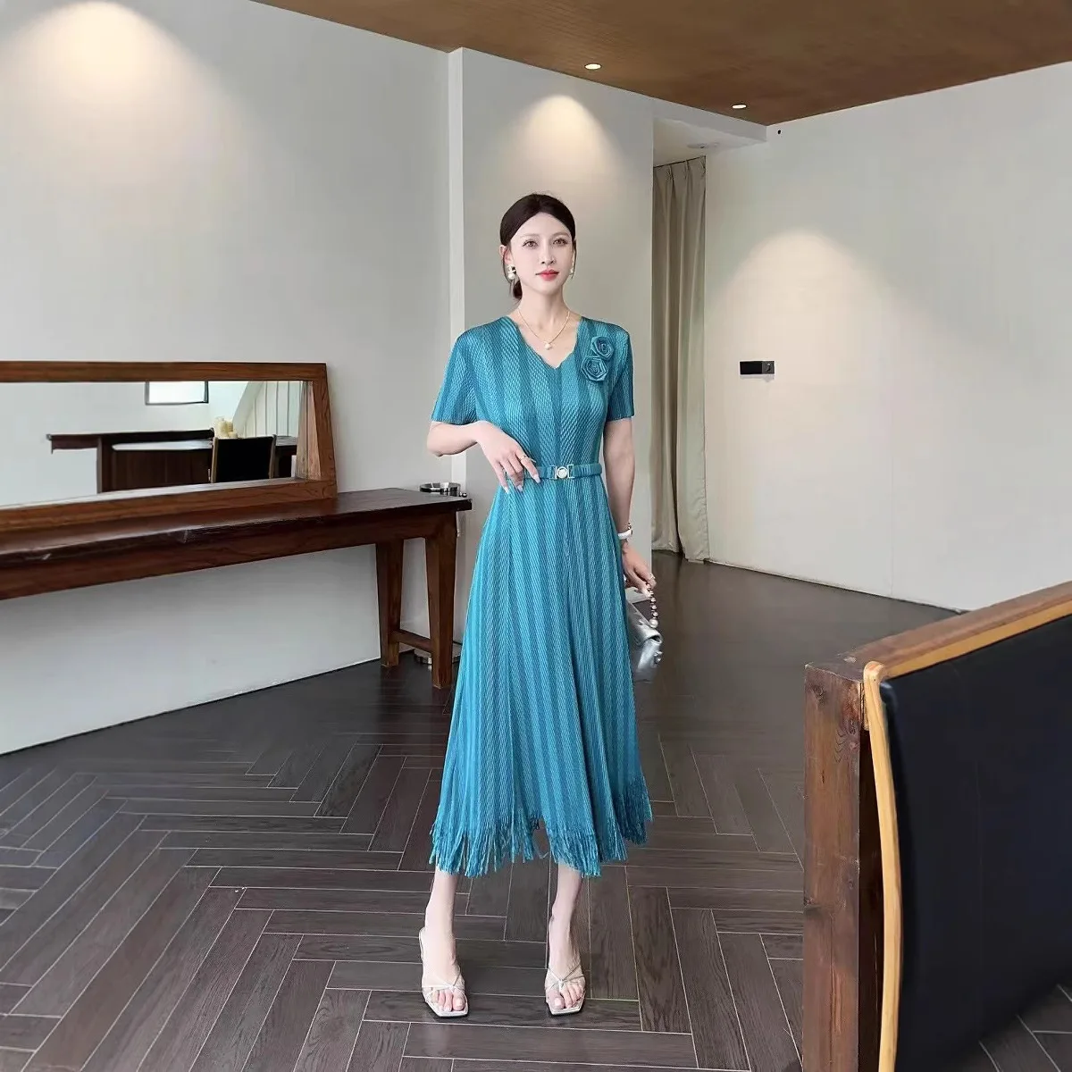

Directly From The Manufacturer 2025 Summer New Fashion Striped Three-dimensional Printing Fringe Waist Versatile Pleated Dress
