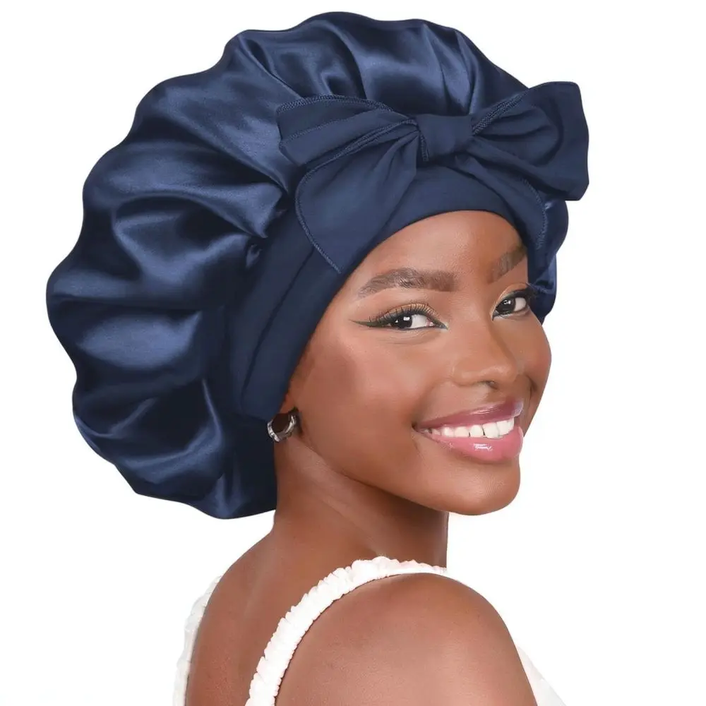 Adjustable Satin Hair Bonnet Wide Band Sleeping Cap Silk Feel Night Hat For Women Curly Hair Protection Hairdressing Head Wrap