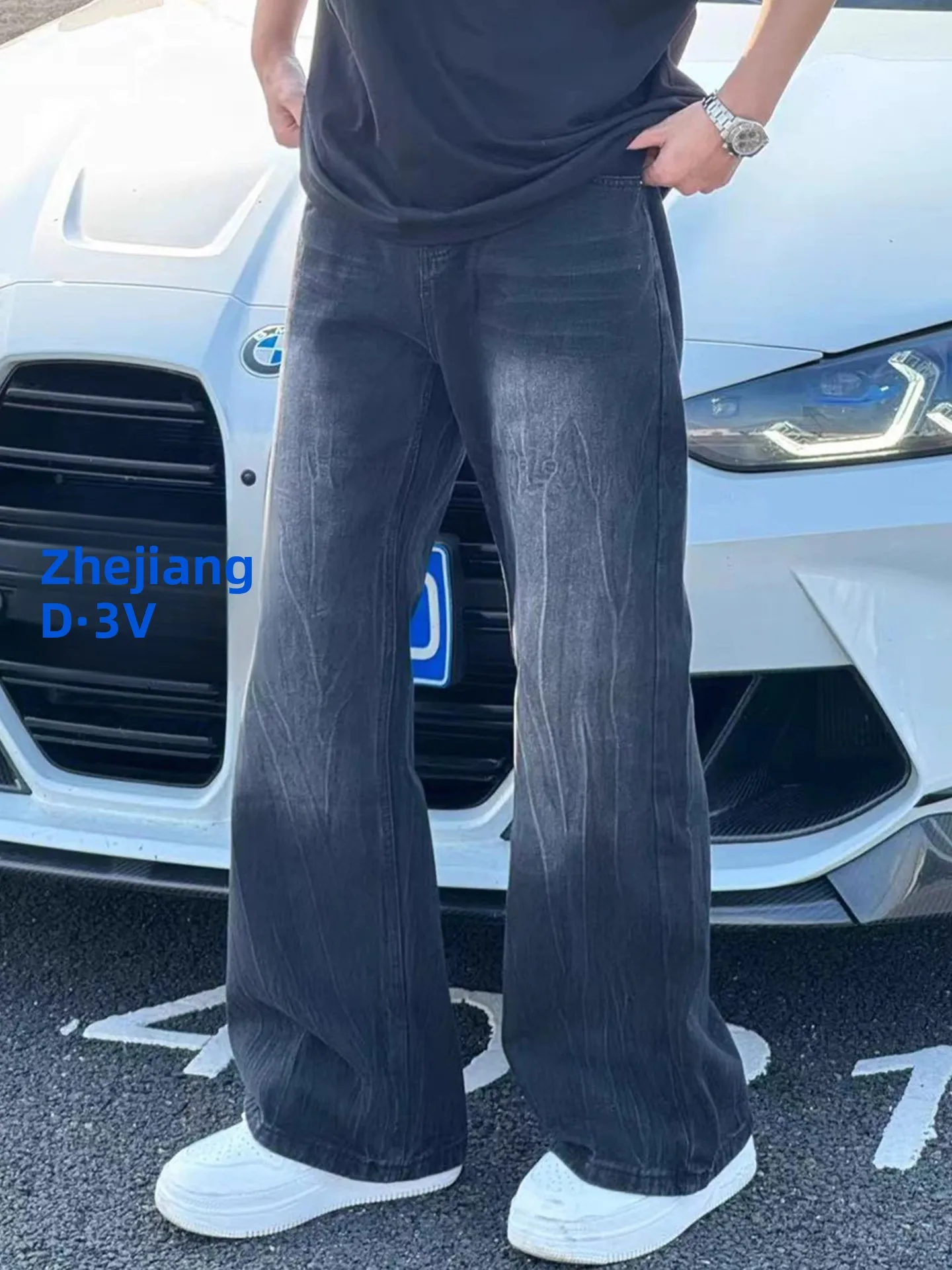 

Bla Lightning Pattern Men's Jeans Loose Straight Leg Bell Bot American High Street Knife Long Trousers