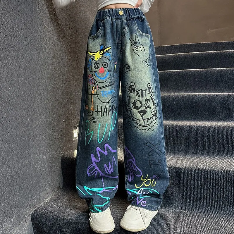 Youthful Graffiti Jeans for Teenagers. Party Blue Energetic Pants. Edgy Girls' Spring Loose Straight-Leg Pants.Hangouts