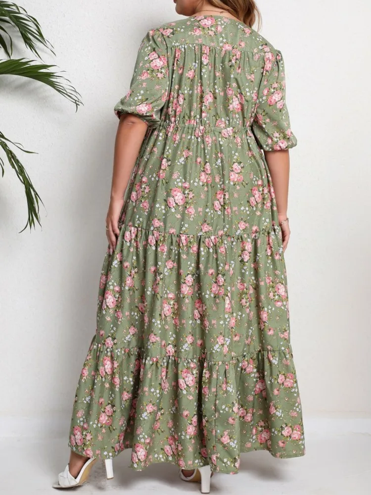 Plus Size Summer Flower Floral Print V-Neck Dress Women Ruffle Pleated Modis Split Ladies Dresses Loose Casual Woman Long Dress