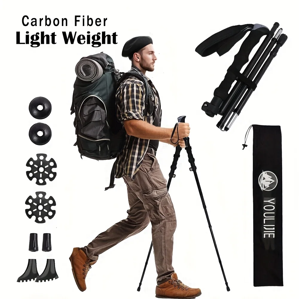 

Комплект из 2 легких складных палочек из 100% углеродного волокна для прогулок и пеших прогулок — для мужчин и женщин — регулируемая высота и тренировка