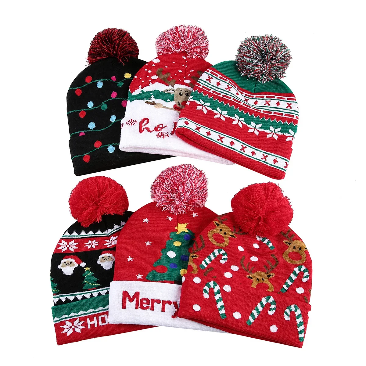 Christmas Pom Pom Knit Beanie Hat Adult Winter Warm Xmas Cap Santa Snowflake Pattern Festive Holiday Party Knitted Headwear Gift