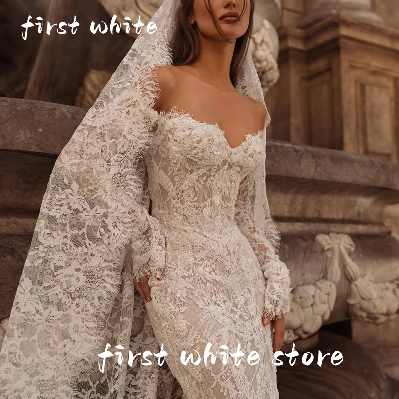 Firstwhite Sweetheart Spitze Einfaches Hochzeitskleid Stickerei Applikationen Meerjungfrau Langarm Brautkleid Maßgeschneidert Vestido De Novi