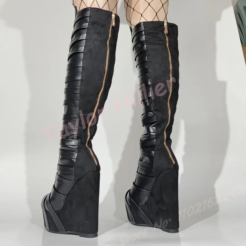 

Женские черные кожаные сапоги на танкетке, сапоги до колена с круглым носком и толстой подошвой на молнии, модные пикантные вечерние элегантные модельные женские сапоги 46