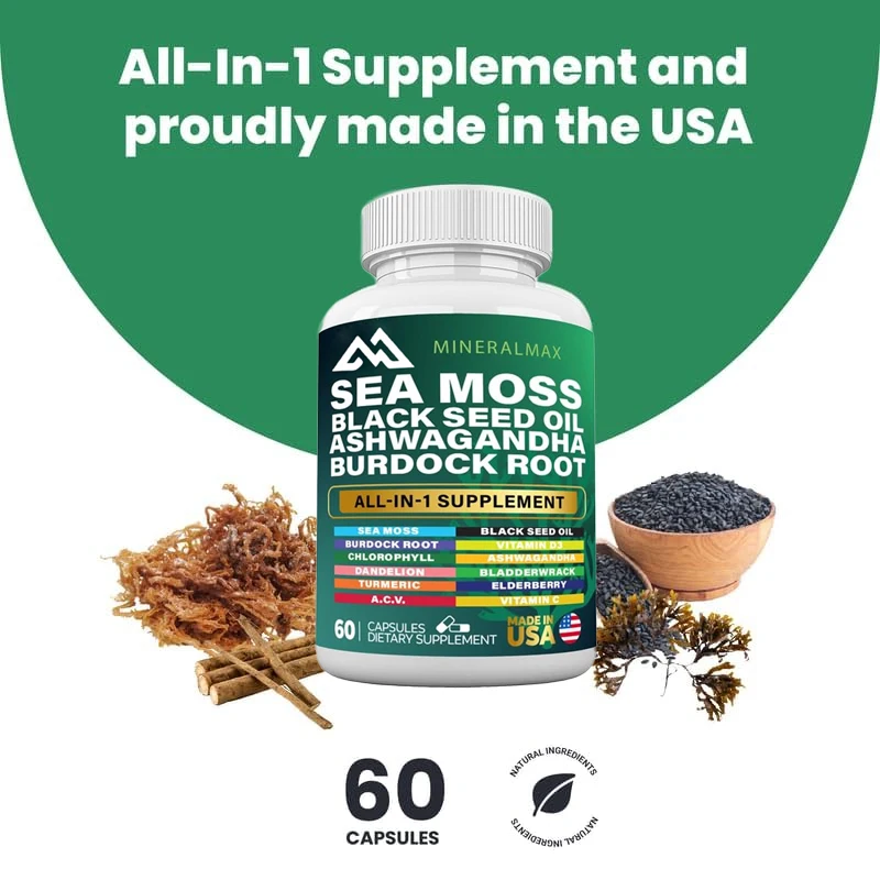 Seaweed 3000mg,black seed oil 2000mg, burdock root Bladderwrack, turmeric, South African drunken eggplant - elderberry, vitamins