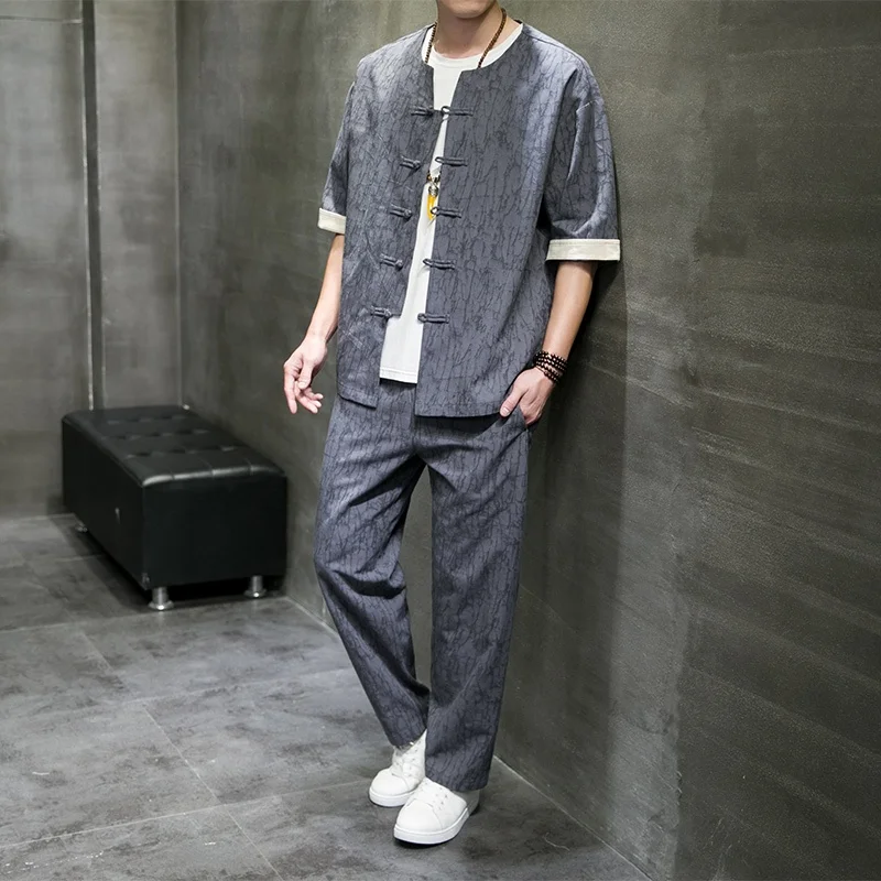 

New 2024 Men's Cotton Linen Suit Short Sleeve Stand Collar Tang Costume Shirt Trendy Summer Two-Piece Set Youth Long Pants