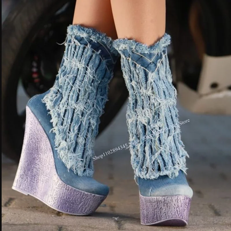 Denim Wedge Platform Boots Mid Calf Round Toe Fashionable Sexy Novel 2023 Summer Casual Big Size Woman Shoes Zapatillas Mujer