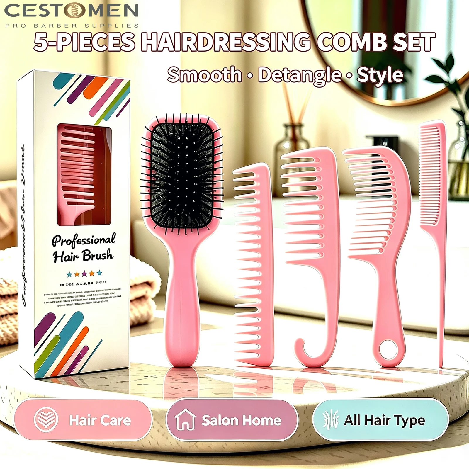 5PCS Hairdressing Comb Set Anti-static Detangling Combs Air Cussion Brush Wide Tooth Curly Hair Texture Comb For Women Styling