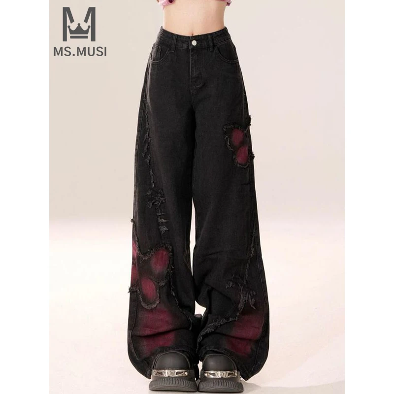 MSMUSI 2024 New Fashion Designer Women Sexy Lady Butterfly High Waist Denim Pant Party Club Bodycon Jeans Flared Full Long Pant