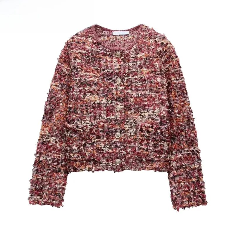 

Autumn New Women's Cotton Blend Knitted Jaet with Metal Button Decoration Long Sve round Ne High Waist ort Sle