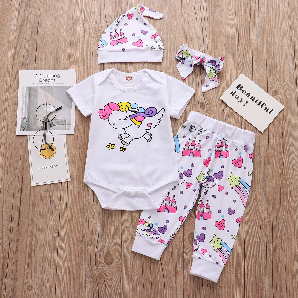 Newborn Infant Baby Girl Clothing 2024 Fashion Rainbow Unicorn Tops+Pegasus Star Castle Pants+Hat+Headband 4 Pieces Sets