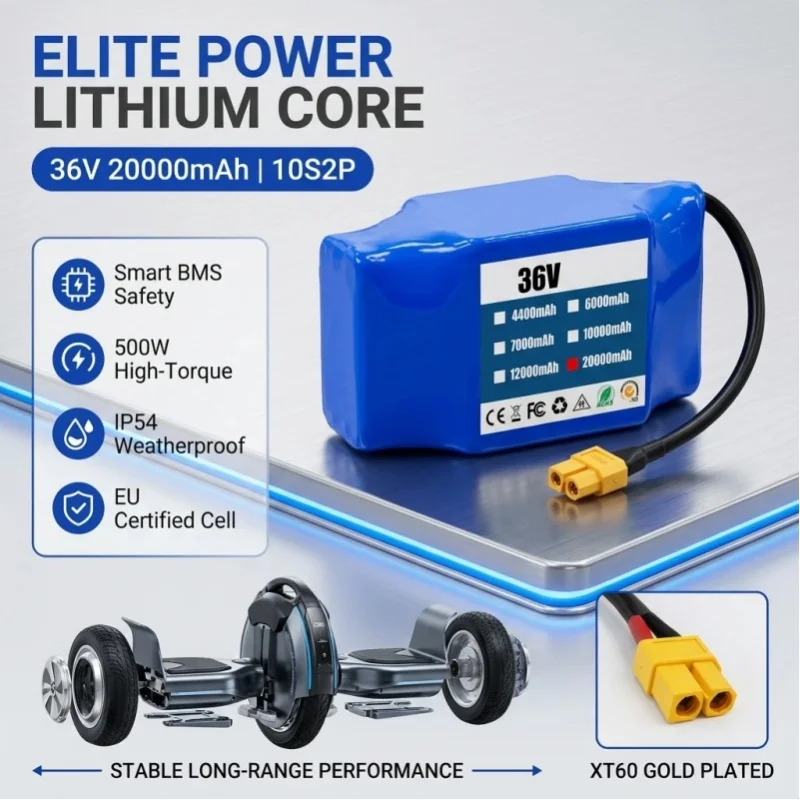 36V 10S2P 20000mAh Lithium-Akku XT60-Anschluss Eingebautes BMS 18650 Li-Ionen-Akku für Elektroroller Hoverboard E-Bike